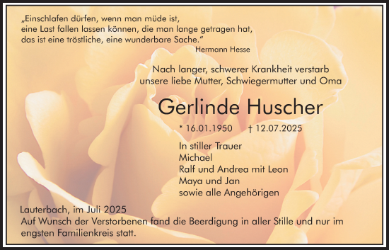 Traueranzeige von Gerlinde Huscher von Lauterbacher Anzeiger