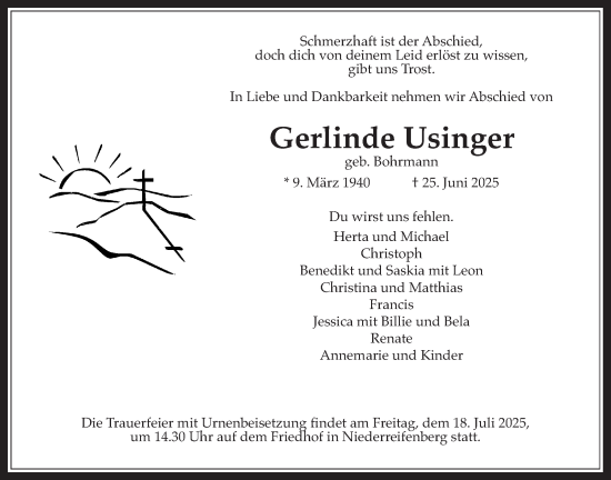 Traueranzeige von Gerlinde Usinger von Usinger Anzeigenblatt
