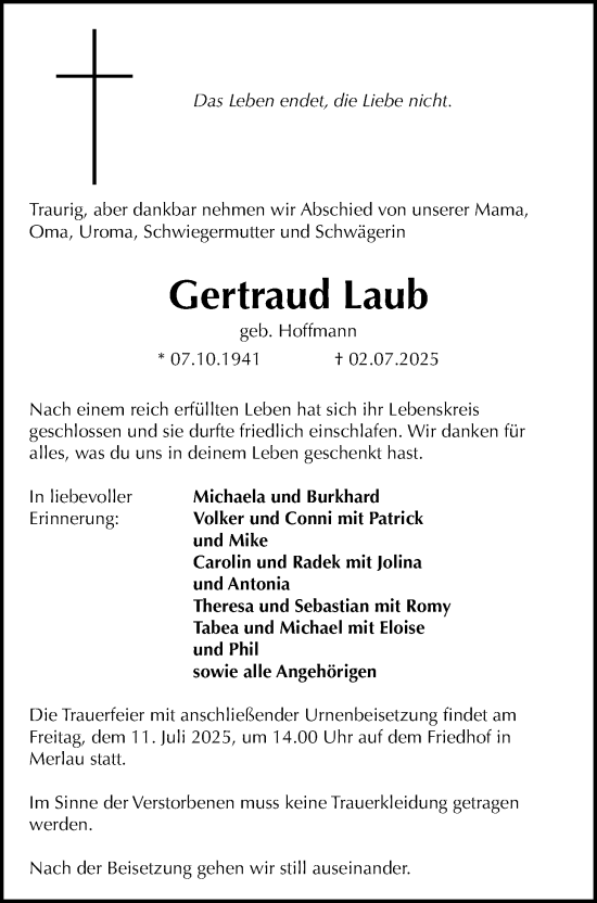 Traueranzeige von Gertraud Laub von Giessener Allgemeine, Alsfelder Allgemeine