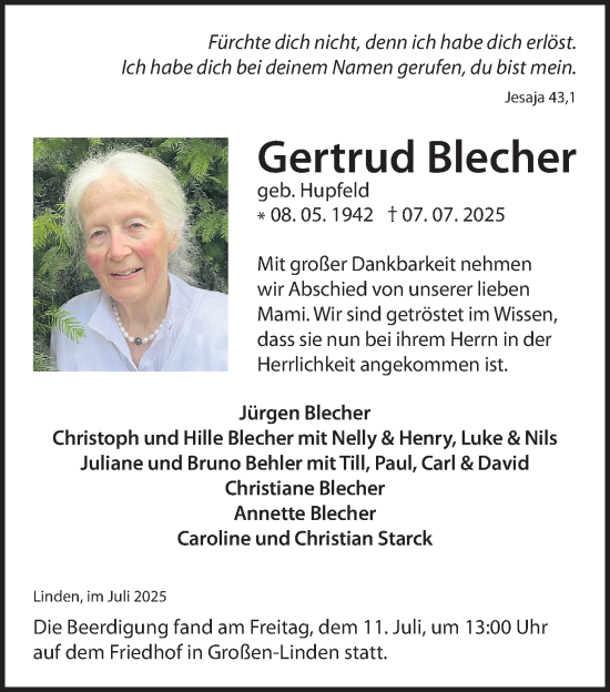 Traueranzeige von Gertrud Blecher von Giessener Anzeiger