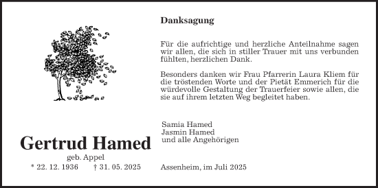 Traueranzeige von Gertrud Hamed von Wetterauer Zeitung