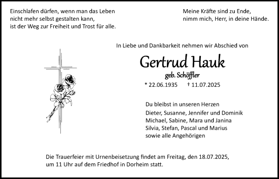 Traueranzeige von Gertrud Hauk von Wetterauer Zeitung
