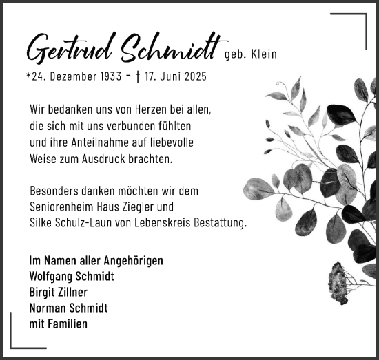 Traueranzeige von Gertrud Schmidt von Wetterauer Zeitung