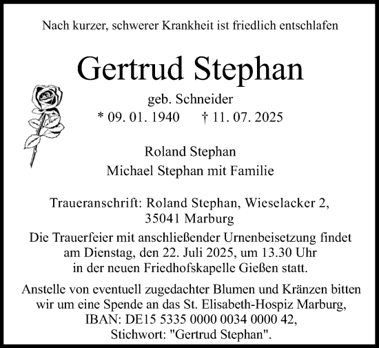 Traueranzeige von Gertrud Stephan von Giessener Anzeiger, Giessener Allgemeine, Alsfelder Allgemeine