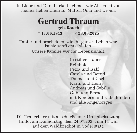 Traueranzeige von Gertrud Thraum von Wetterauer Zeitung