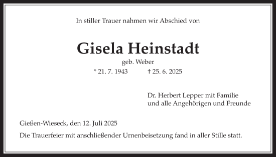 Traueranzeige von Gisela Heinstadt von Giessener Allgemeine, Alsfelder Allgemeine, Giessener Anzeiger