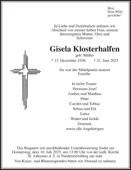 Traueranzeige von Gisela Klosterhalfen von Usinger Anzeigenblatt