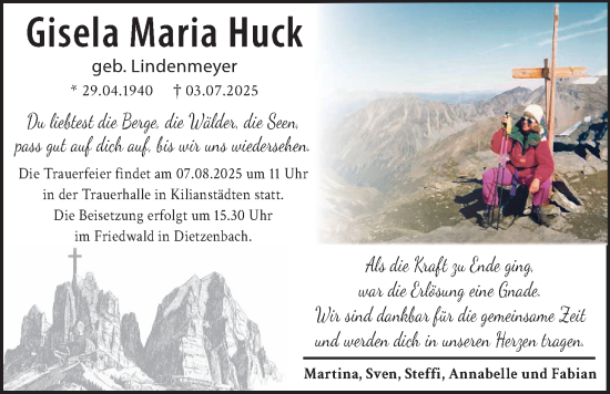 Traueranzeige von Gisela Maria Huck von Bad Vilbel/Karben