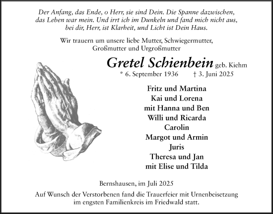 Traueranzeige von Gretel Schienbein von Lauterbacher Anzeiger