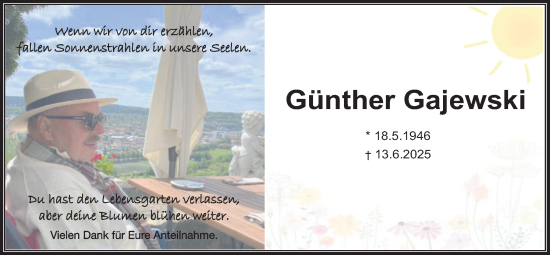 Traueranzeige von Günther Gajewski von Kreis-Anzeiger