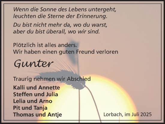 Traueranzeige von Gunter Wiltheiß von Kreis-Anzeiger