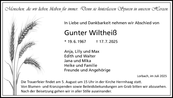 Traueranzeige von Gunter Wiltheiß von Kreis-Anzeiger