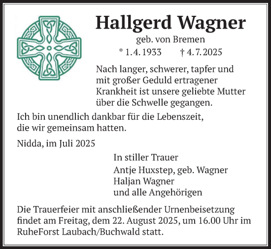 Traueranzeige von Hallgerd Wagner von Wetterauer Zeitung
