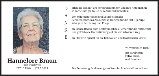 Traueranzeige von Hannelore Braun von Licher Wochenblatt