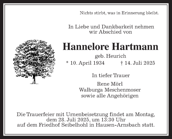 Traueranzeige von Hannelore Hartmann von Usinger Anzeiger