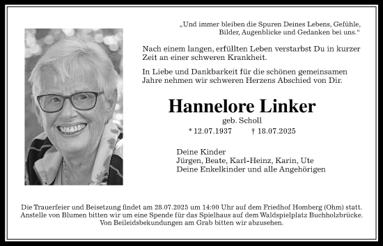 Traueranzeige von Hannelore Linker von Oberhessische Zeitung, Alsfelder Allgemeine
