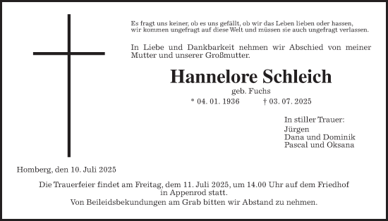 Traueranzeige von Hannelore Schleich von Oberhessische Zeitung, Alsfelder Allgemeine