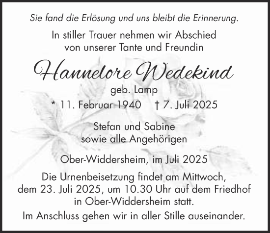 Traueranzeige von Hannelore Wedekind von Kreis-Anzeiger