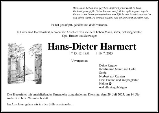 Traueranzeige von Hans-Dieter Harmert von Wetterauer Zeitung
