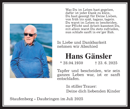 Traueranzeige von Hans Gänsler von Giessener Allgemeine, Alsfelder Allgemeine, Giessener Anzeiger