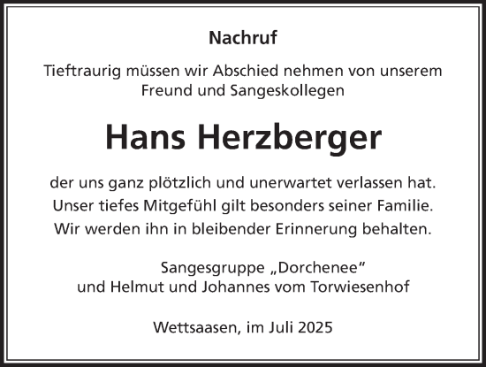 Traueranzeige von Hans Herzberger von Giessener Allgemeine, Alsfelder Allgemeine