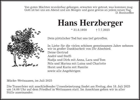 Traueranzeige von Hans Herzberger von Giessener Allgemeine, Alsfelder Allgemeine