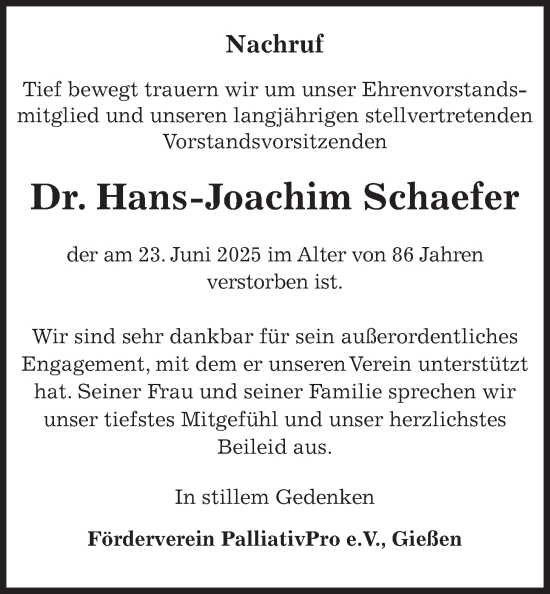 Traueranzeige von Hans-Joachim Schaefer von Giessener Allgemeine, Alsfelder Allgemeine, Giessener Anzeiger