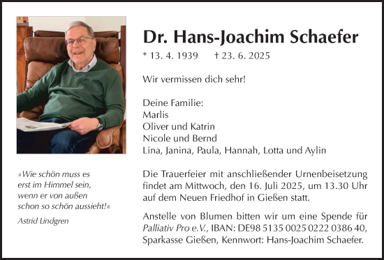 Traueranzeige von Hans-Joachim Schaefer von Giessener Allgemeine, Alsfelder Allgemeine, Giessener Anzeiger
