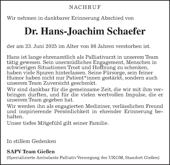 Traueranzeige von Hans-Joachim Schaefer von Giessener Allgemeine, Alsfelder Allgemeine, Giessener Anzeiger