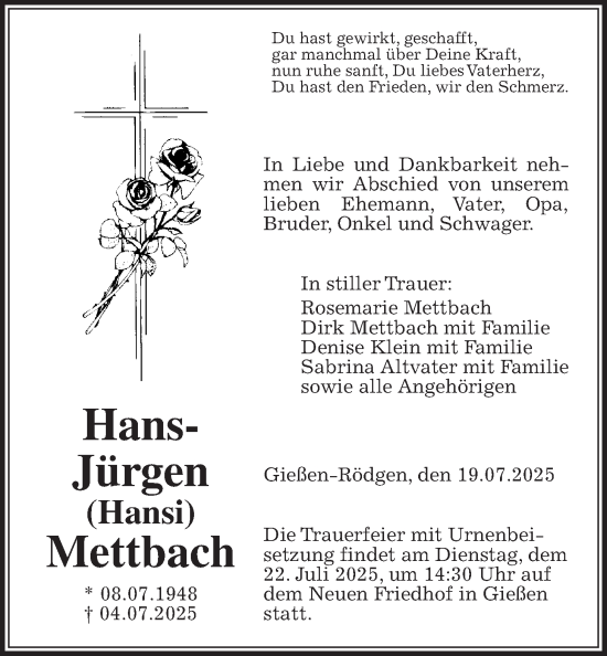 Traueranzeige von Hans-Jürgen Mettbach von Giessener Allgemeine, Alsfelder Allgemeine
