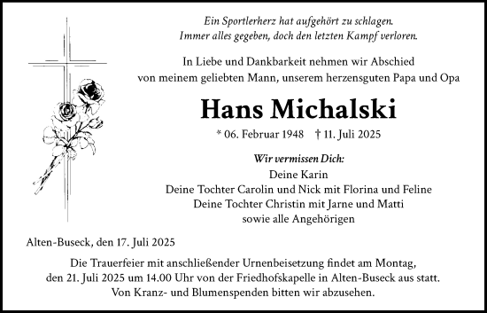Traueranzeige von Hans Michalski von Giessener Anzeiger