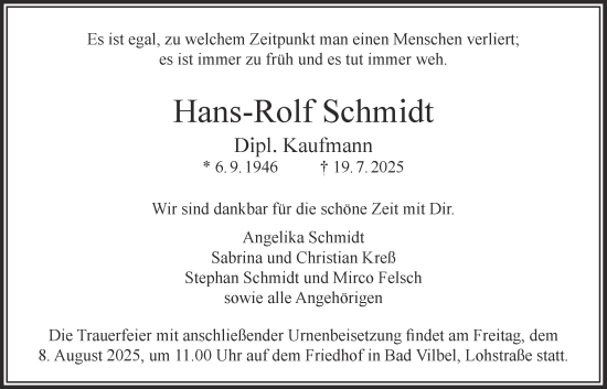 Traueranzeige von Hans-Rolf Schmidt von Bad Vilbel/Karben
