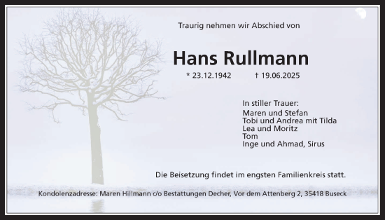 Traueranzeige von Hans Rullmann von Giessener Allgemeine, Alsfelder Allgemeine
