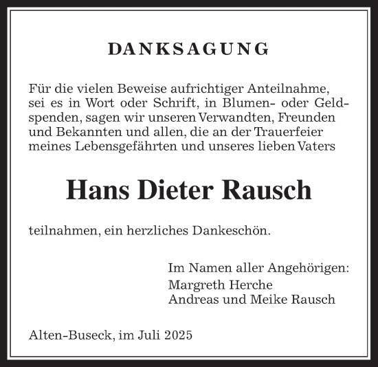 Traueranzeige von Hans Dieter Rausch von Giessener Allgemeine, Alsfelder Allgemeine, Giessener Anzeiger