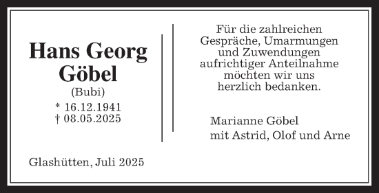 Traueranzeige von Hans Georg Göbel von Kreis-Anzeiger