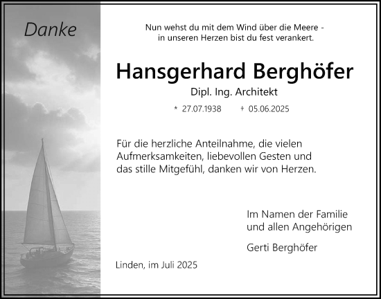 Traueranzeige von Hansgerhard Berghöfer von Giessener Anzeiger, Giessener Allgemeine, Alsfelder Allgemeine