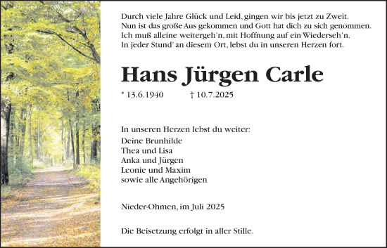 Traueranzeige von Hans Jürgen Carle von Mücker Stimme
