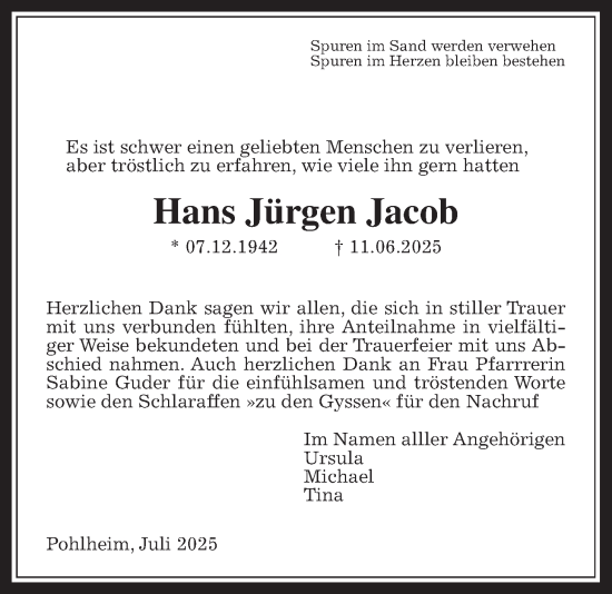 Traueranzeige von Hans Jürgen Jacob von Pohlheimer Nachrichten