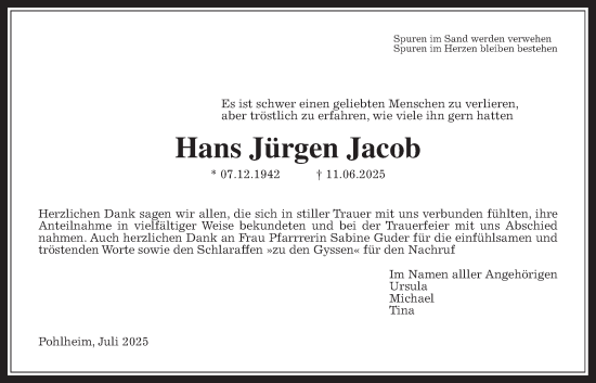 Traueranzeige von Hans Jürgen Jacob von Giessener Allgemeine, Alsfelder Allgemeine, Giessener Anzeiger
