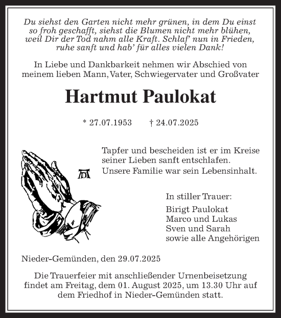Traueranzeige von Hartmut Paulokat von Alsfelder Allgemeine, Oberhessische Zeitung