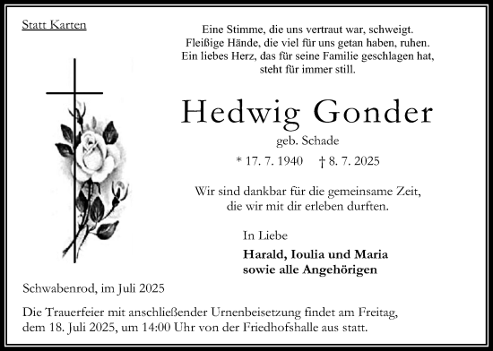 Traueranzeige von Hedwig Gonder von Oberhessische Zeitung