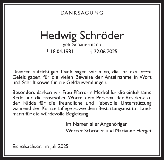Traueranzeige von Hedwig Schröder von Kreis-Anzeiger