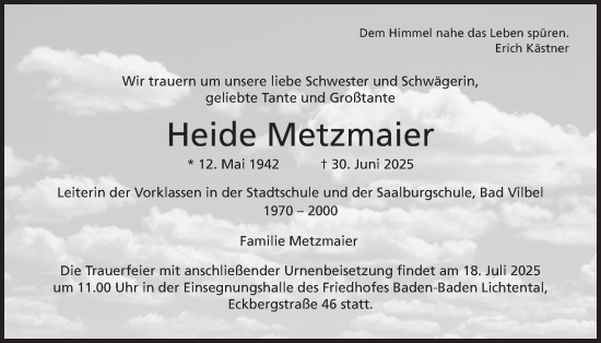 Traueranzeige von Heide Metzmaier von Bad Vilbel/Karben