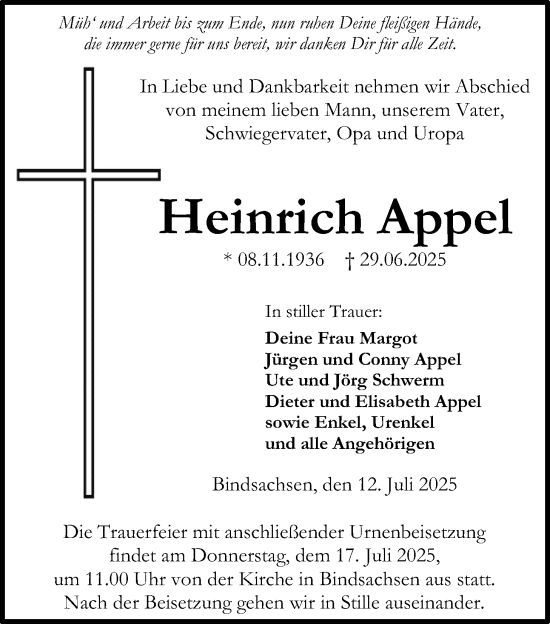 Traueranzeige von Heinrich Appel von Kreis-Anzeiger