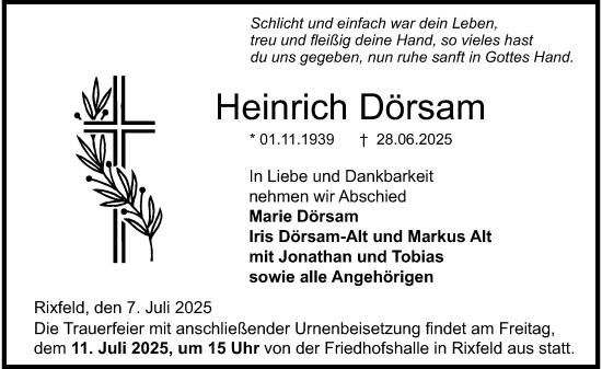 Traueranzeige von Heinrich Dörsam von Lauterbacher Anzeiger
