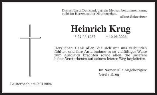 Traueranzeige von Heinrich Krug von Lauterbacher Anzeiger