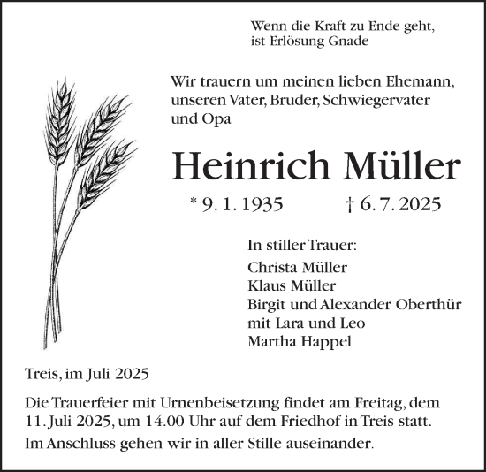 Traueranzeige von Heinrich Müller von Giessener Allgemeine, Alsfelder Allgemeine, Giessener Anzeiger