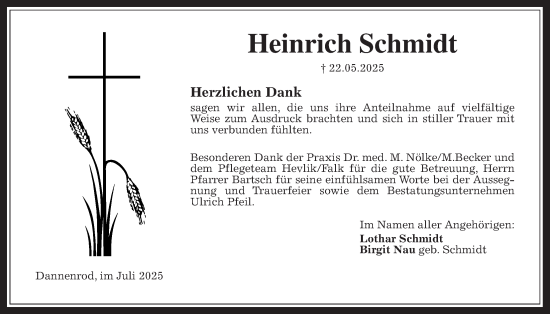 Traueranzeige von Heinrich Schmidt von Oberhessische Zeitung, Alsfelder Allgemeine