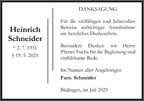 Traueranzeige von Heinrich Schneider von Kreis-Anzeiger