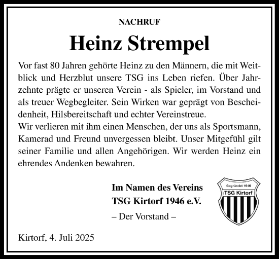 Traueranzeige von Heinz Strempel von Oberhessische Zeitung